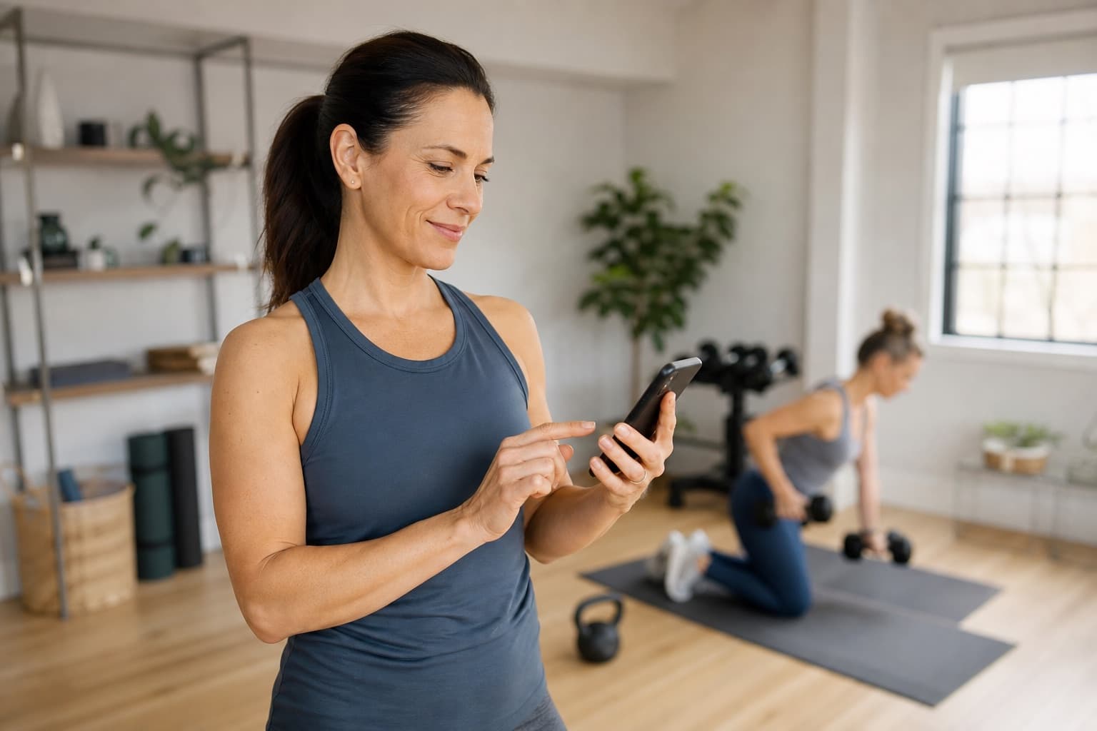 Eine Trainerin in ihrem Studio, das Handy in der Hand — im Hintergrund trainiert eine Klientin.